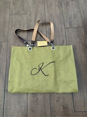 Kirkland Green Jute Tote Bag with Leather Handles Monogram Letter K - Large